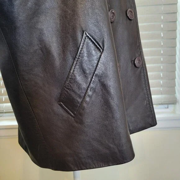 Brown Genuine Leather Sleek Ladies Double Breasted Jacket, Size Large, - Picture 5 of 15